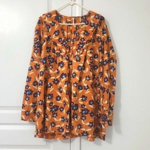 Free People Charlie Floral Printed Button Down Tunic Top, Orange/Blue, Size M
